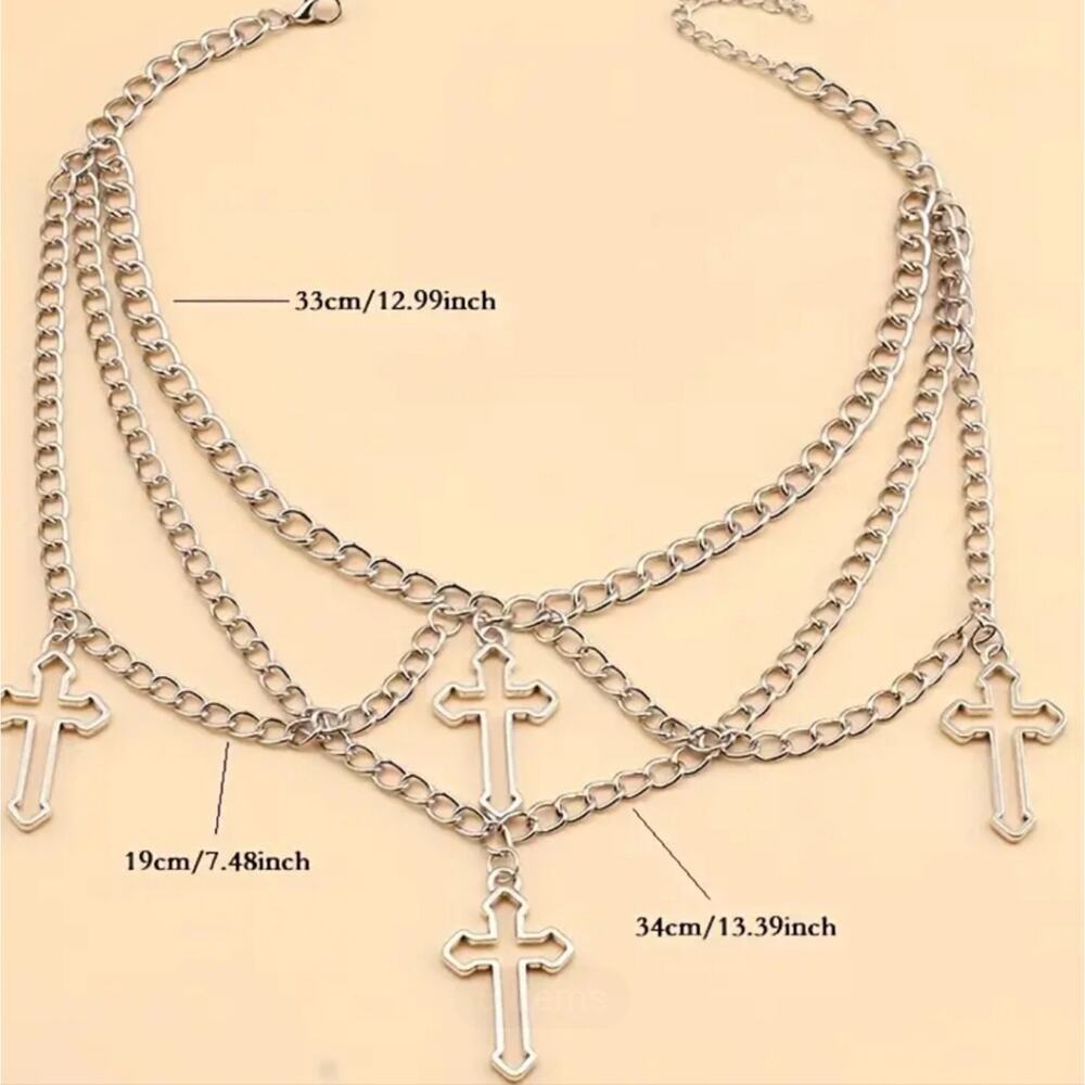Layered chain gothic cross silver tone necklace - Picture 4 of 4